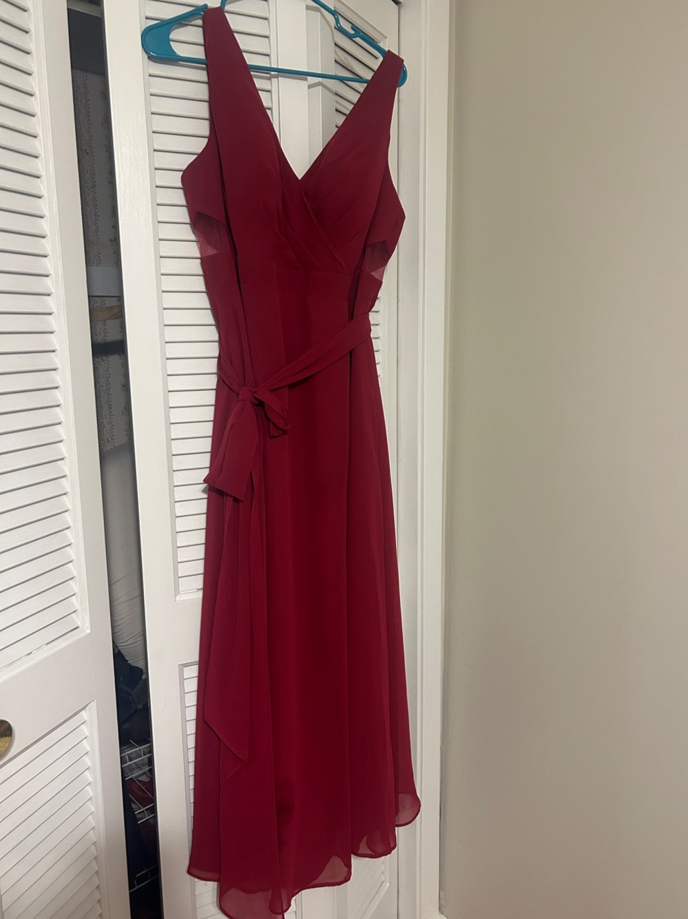 Azazie Burgundy V-Neck Sleeveless Maxi Dress with Waist Tie